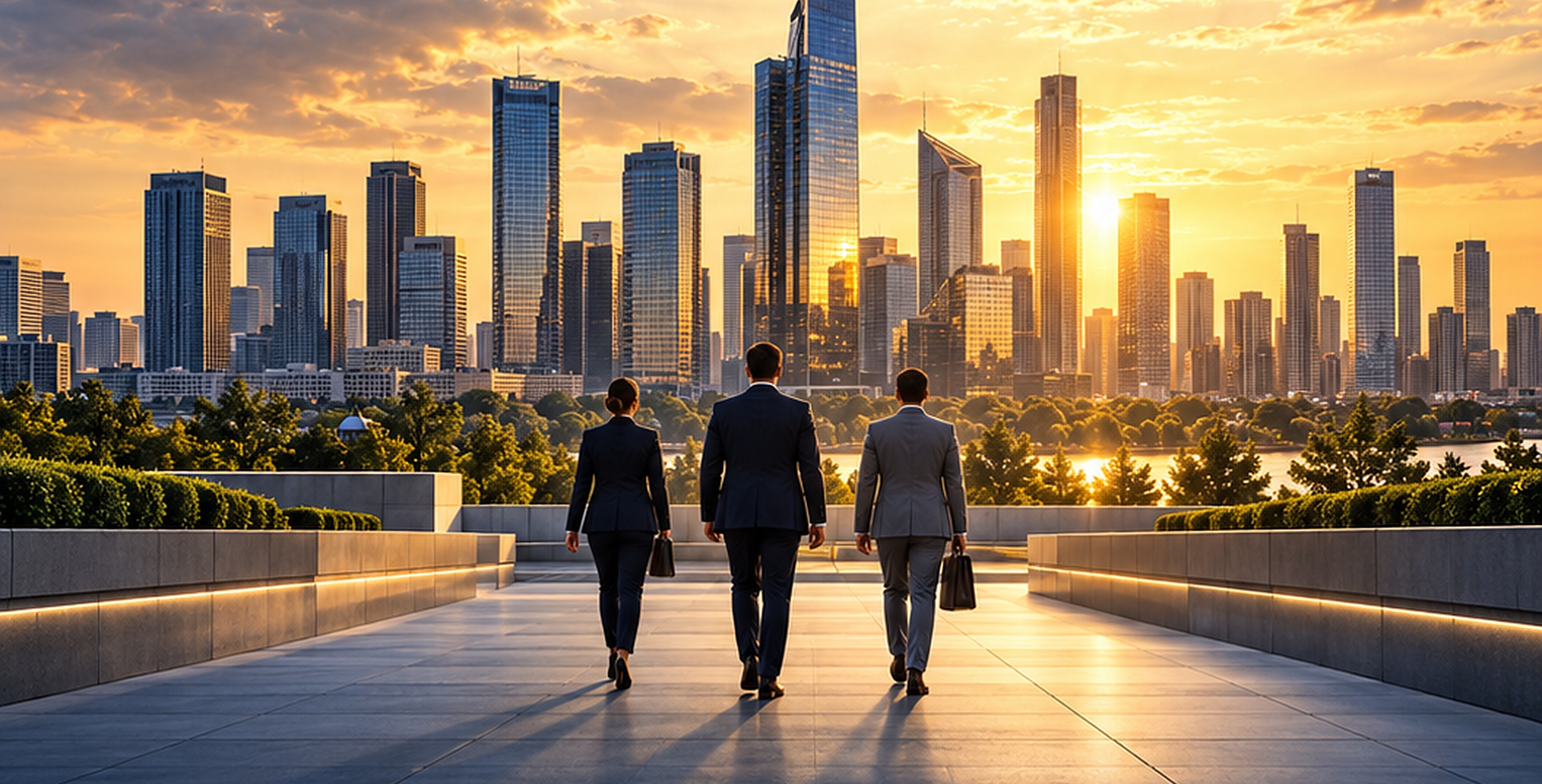 Three professionals walking toward a sunlit city skyline